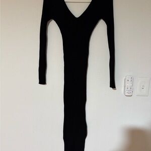 Fashion Nova Black Ribbed V-Neck Long Sleeve Dress